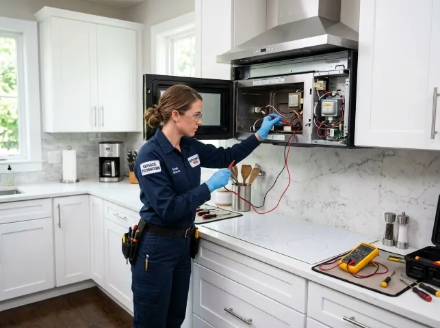 Appliance Repair Hero technician testing an over-the-range microwave in a Adkins, TX kitchen